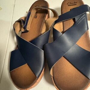 Clarks Navy Blue Wedge Sandals with Crisscross Straps